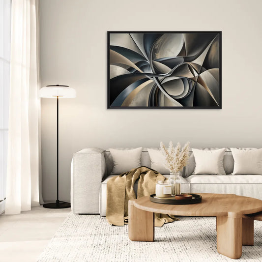Intertwined Elegance Black and Grey Abstract - Living Room Black Frame Canvas