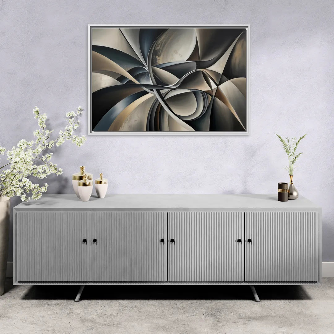 Intertwined Elegance Black and Grey Abstract - Living Room White Frame Canvas