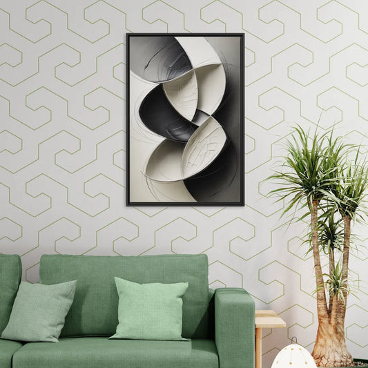 Intertwined Geometric Sophistication Black and White Abstract - Living Room Black Frame Canvas