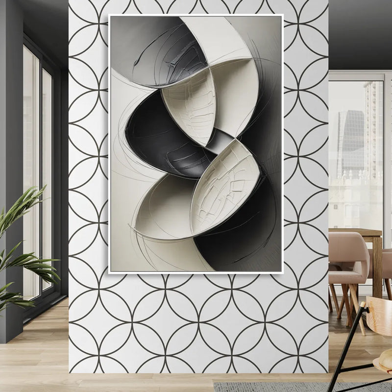 Intertwined Geometric Sophistication Black and White Abstract Living Room - White Canvas Wall Art