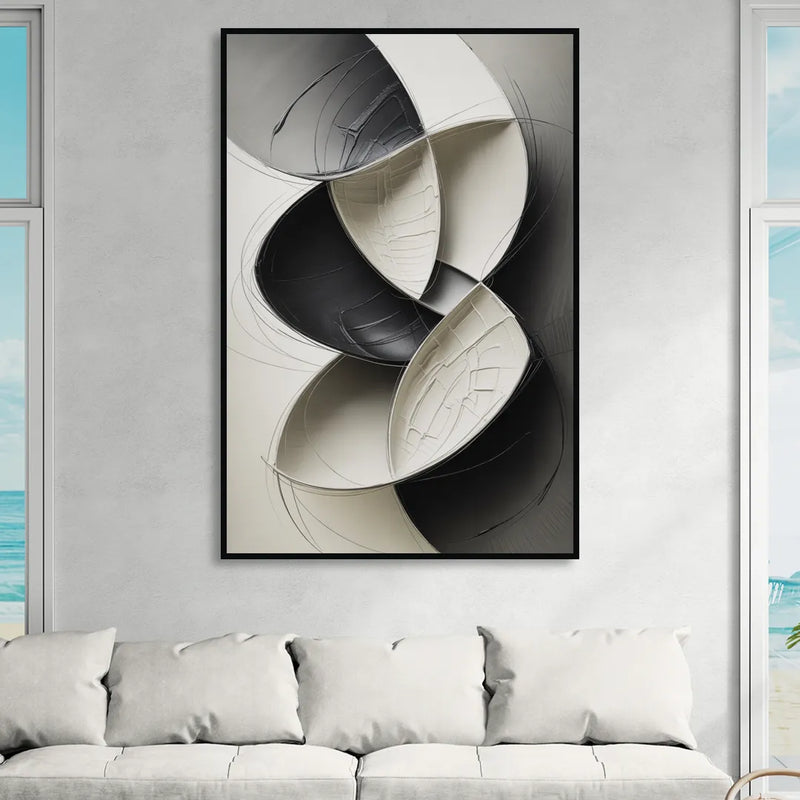 Intertwined Geometric Sophistication Black and White Abstract Living Room - Black Canvas Wall Art