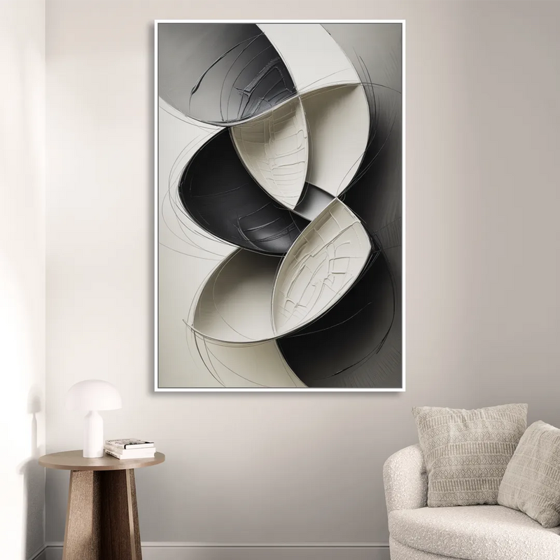 Intertwined Geometric Sophistication Black and White Abstract Sitting Room - White Canvas Wall Art
