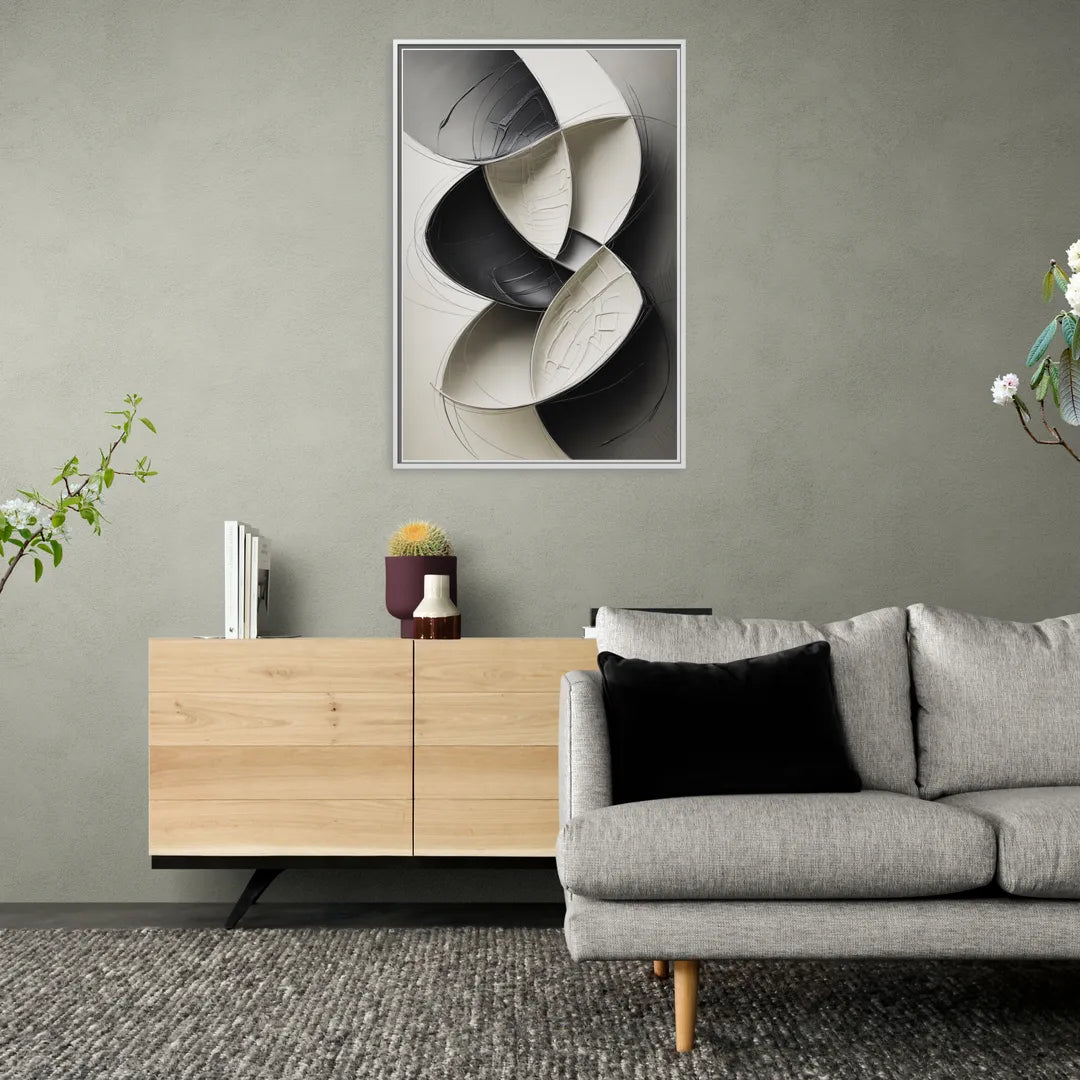 Intertwined Geometric Sophistication Black and White Abstract - Living Room White Frame Canvas