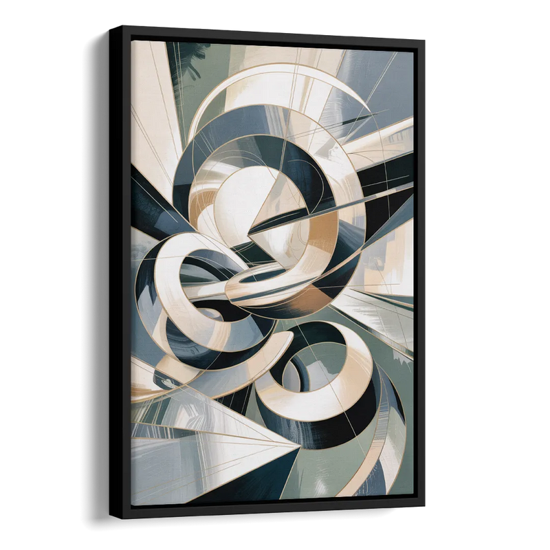 Interwoven Geometric Forms Grey and White Abstract Side - Black Canvas Wall Art