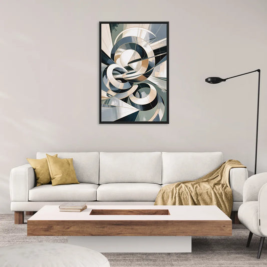 Interwoven Geometric Forms Grey and White Abstract - Living Room Black Frame Canvas