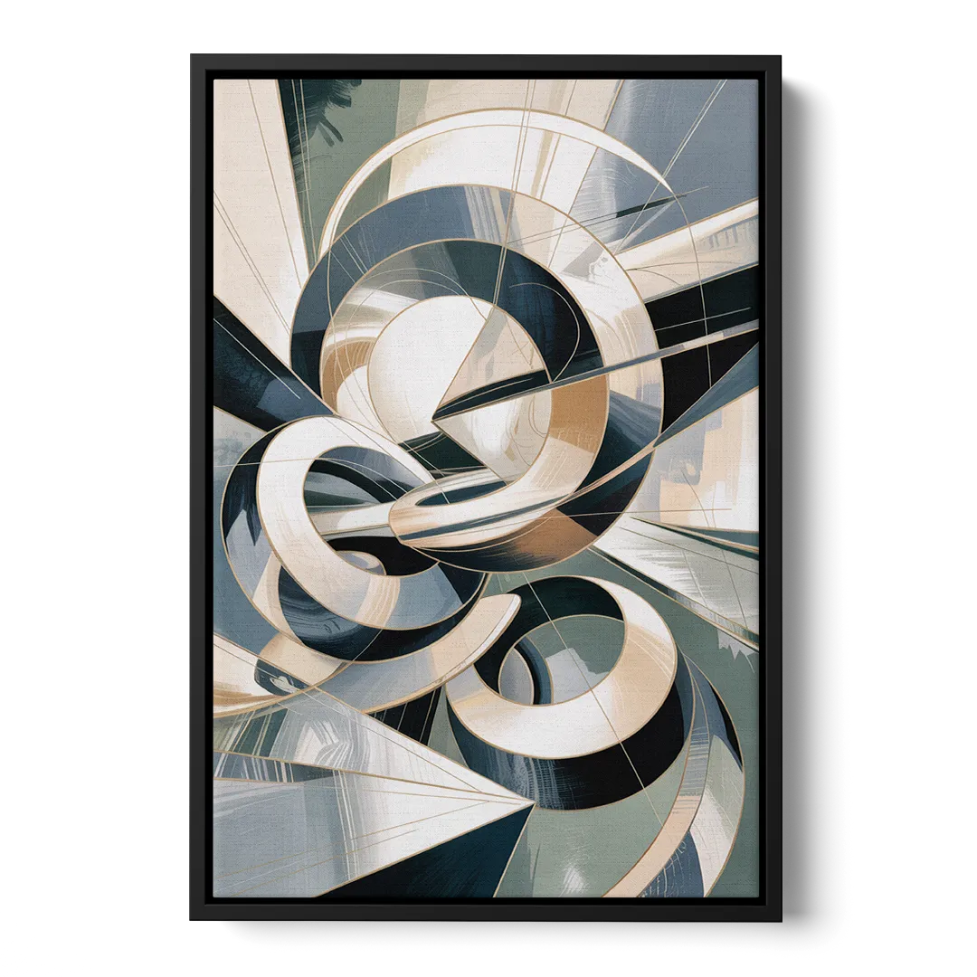 Interwoven Geometric Forms Grey and White Abstract - Black Frame Canvas