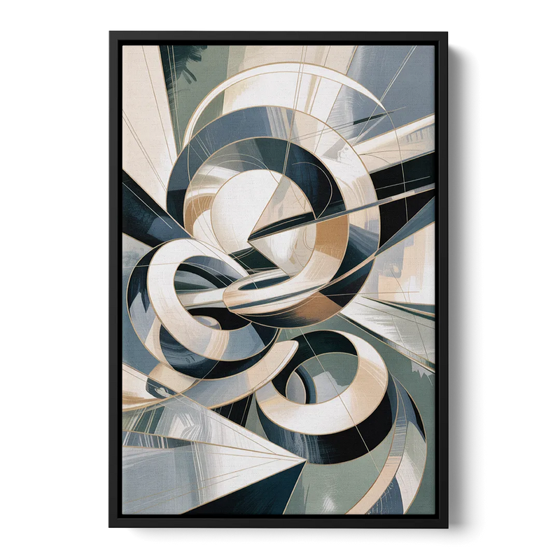Interwoven Geometric Forms Grey and White Abstract Front - Black Canvas Wall Art