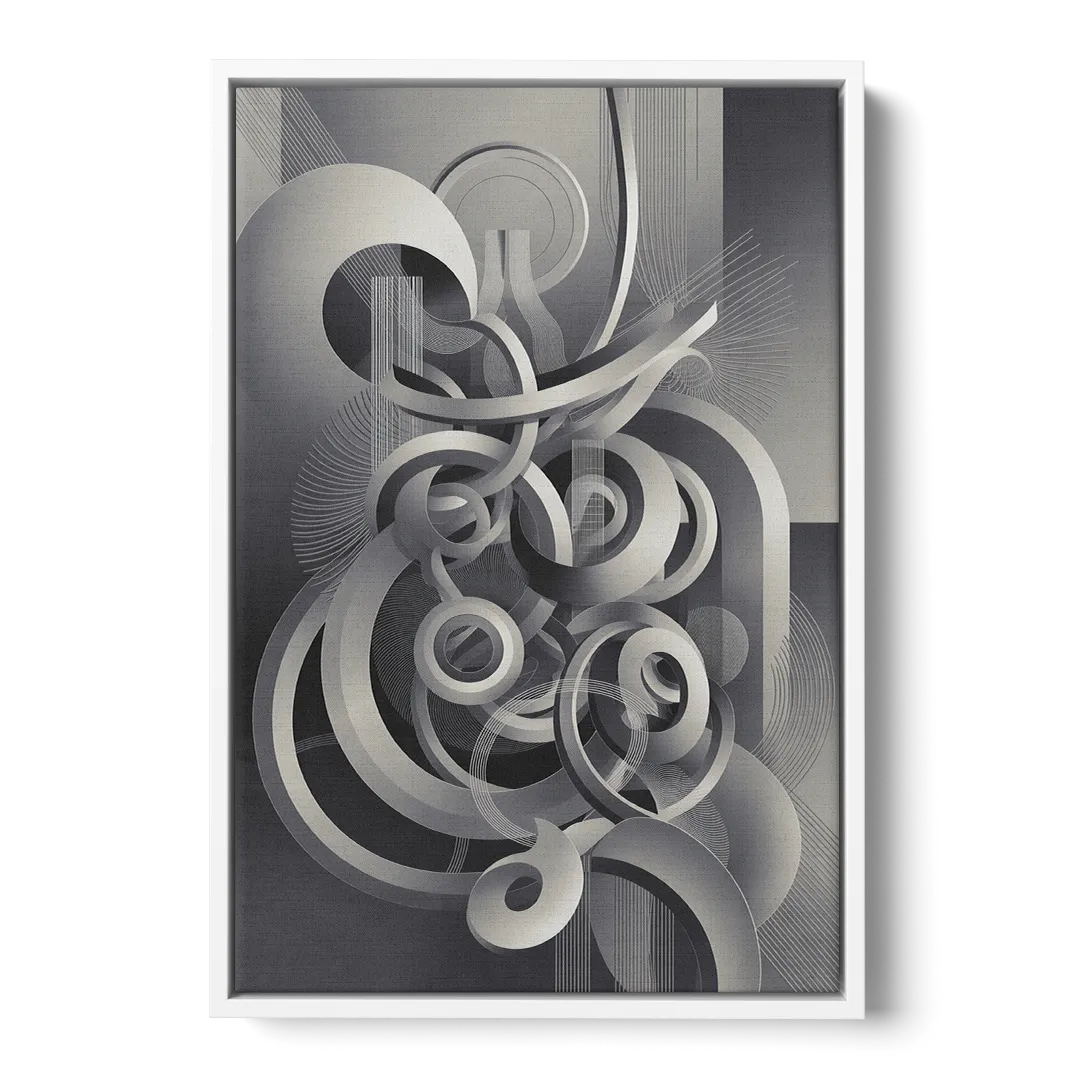 Interwoven Serenity Grey and White Abstract - White Frame Canvas