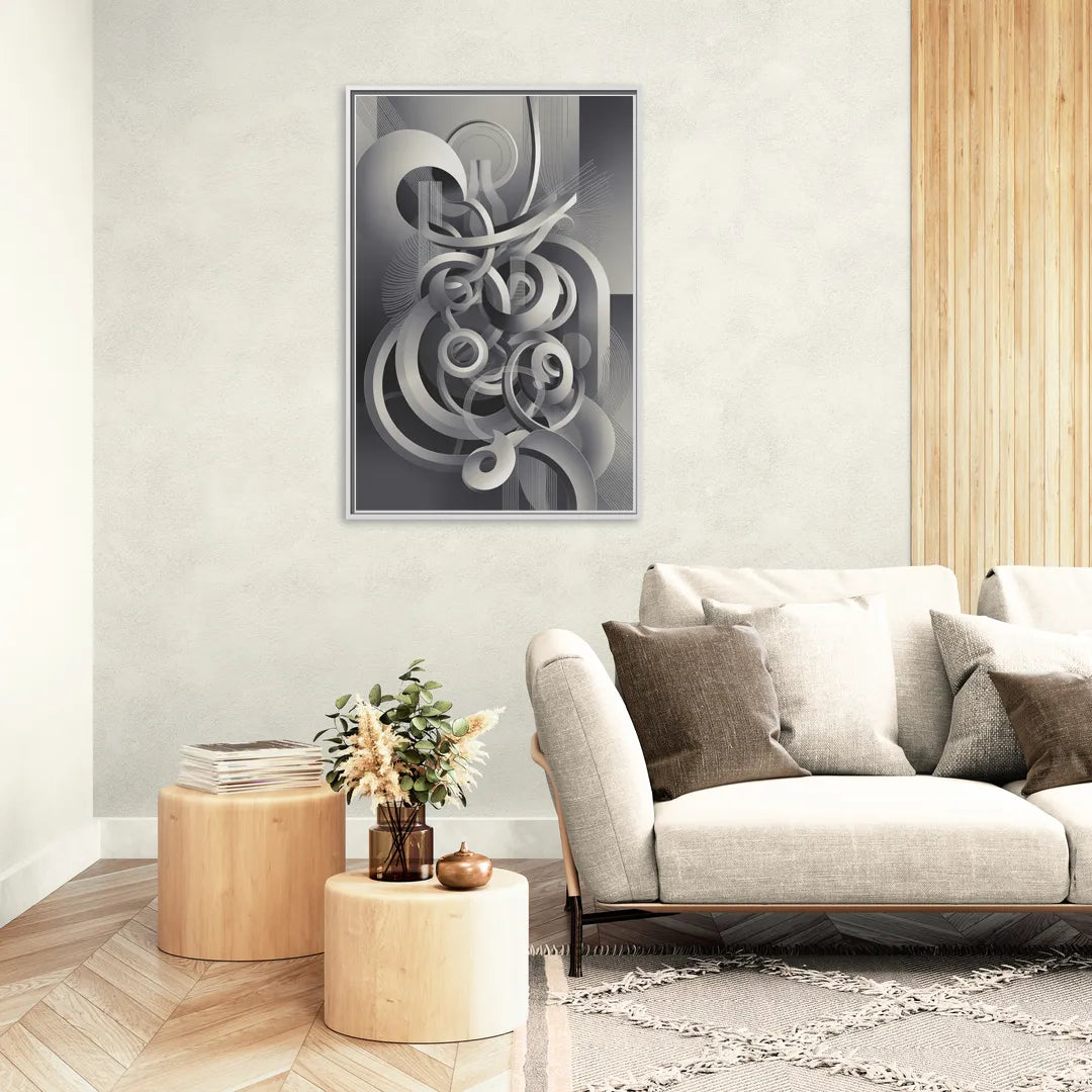 Interwoven Serenity Grey and White Abstract - Living Room White Frame Canvas