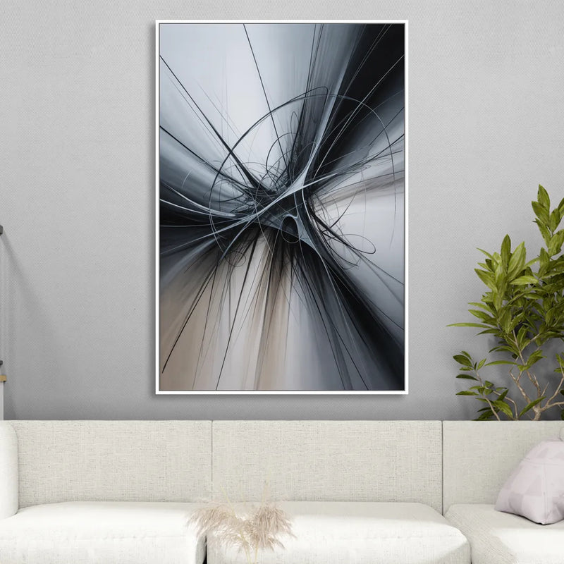 Interwoven Shadows Black and Grey Abstract Sitting Room - White Canvas Wall Art