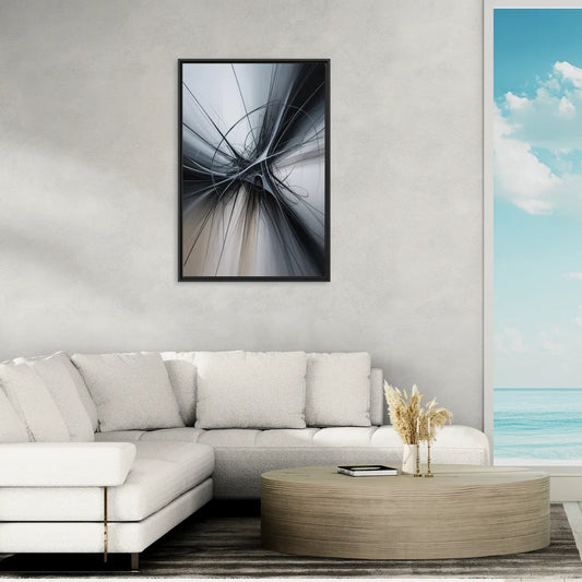 Interwoven Shadows Black and Grey Abstract - Living Room Black Frame Canvas