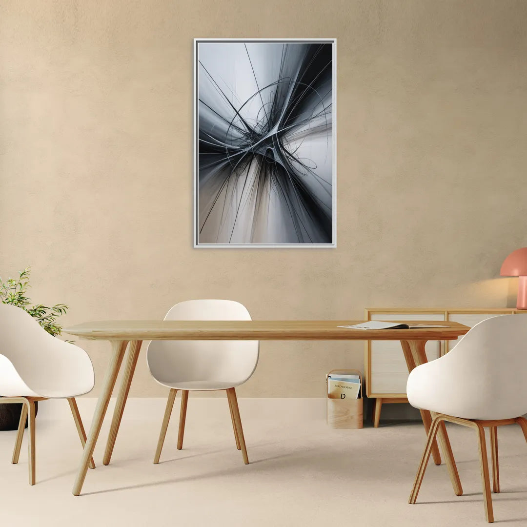 Interwoven Shadows Black and Grey Abstract - Living Room White Frame Canvas