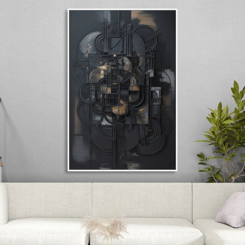 Intricate Harmony Black Abstract Living Room - White Canvas Wall Art