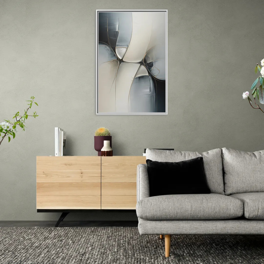 Intricate Harmony Grey and White Abstract - Living Room White Frame Canvas