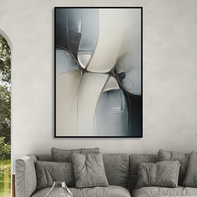 Intricate Harmony Grey and White Abstract Sitting Room - Black Canvas Wall Art