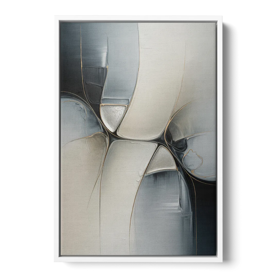 Intricate Harmony Grey and White Abstract - White Frame Canvas