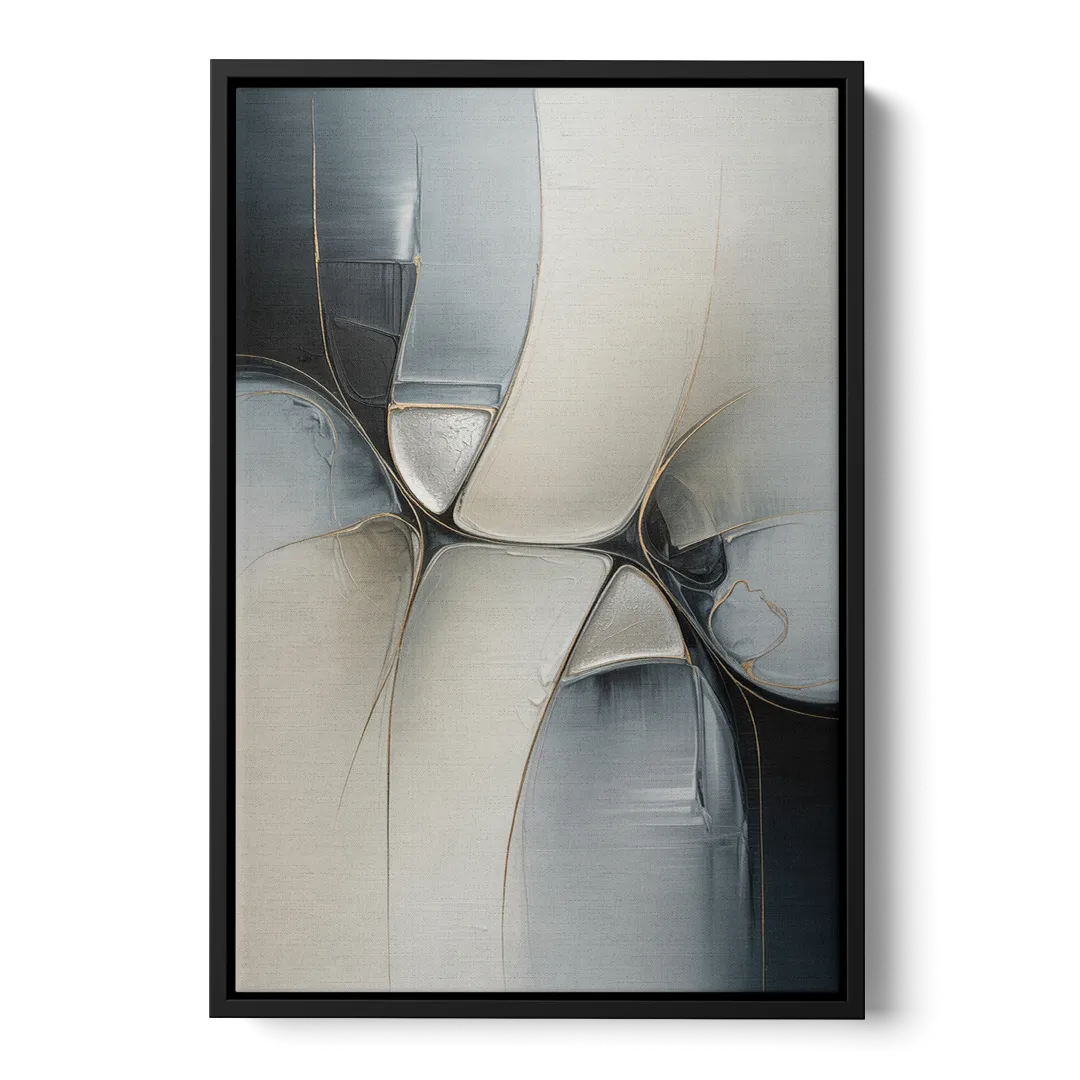 Intricate Harmony Grey and White Abstract - Black Frame Canvas