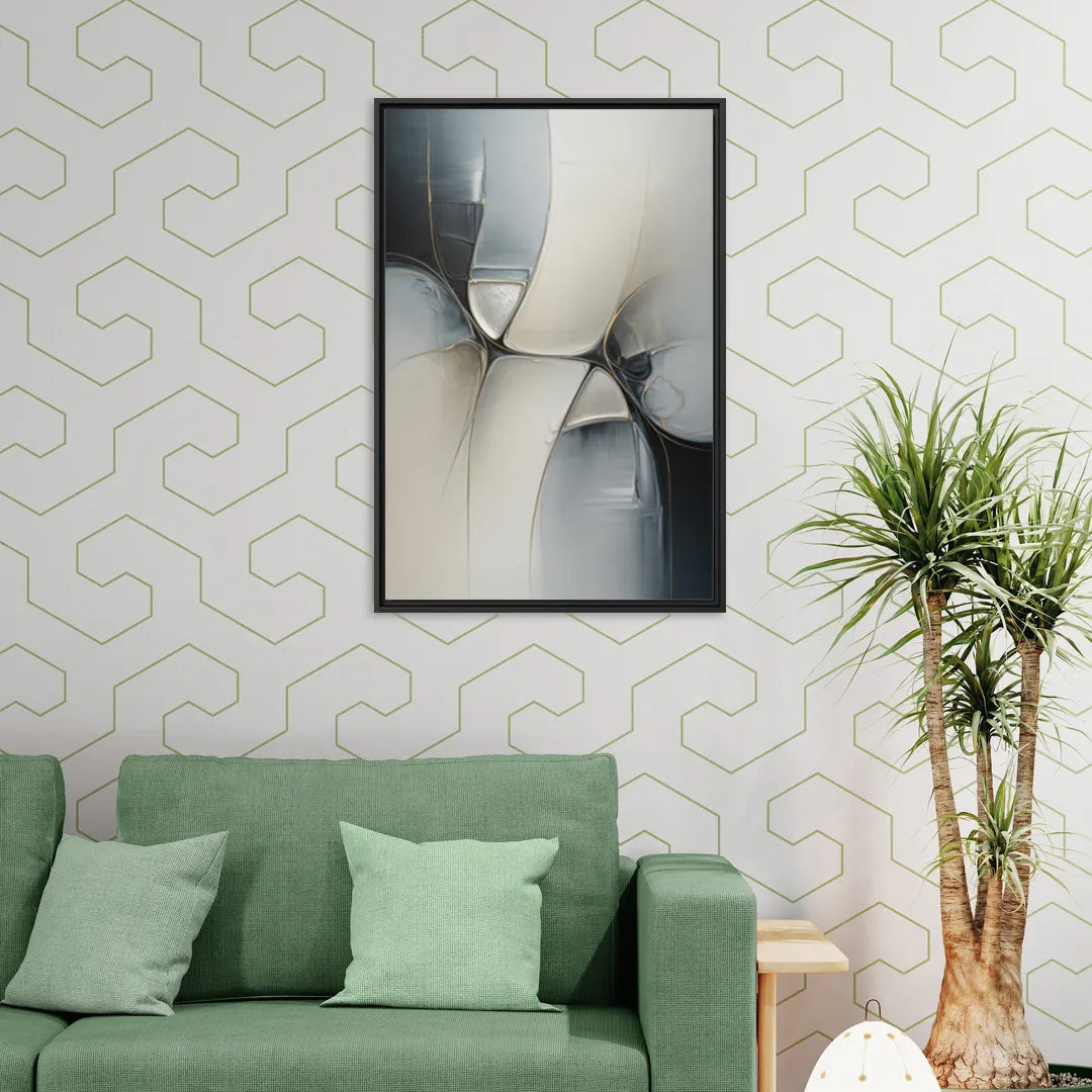 Intricate Harmony Grey and White Abstract - Living Room Black Frame Canvas