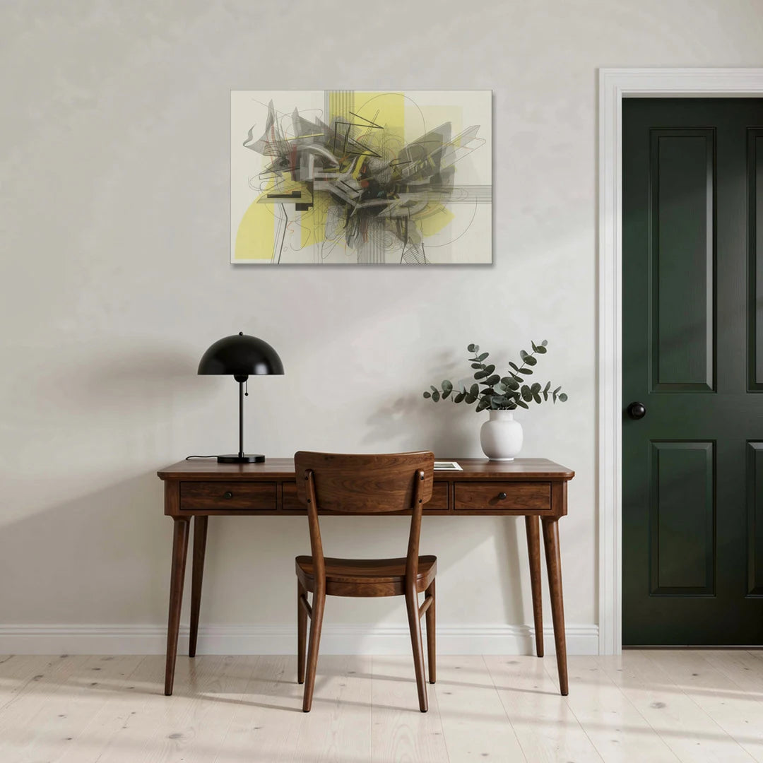 Intricate Layered Dance Yellow and Grey Abstract - Canvas Wall Art - Office - 36x24