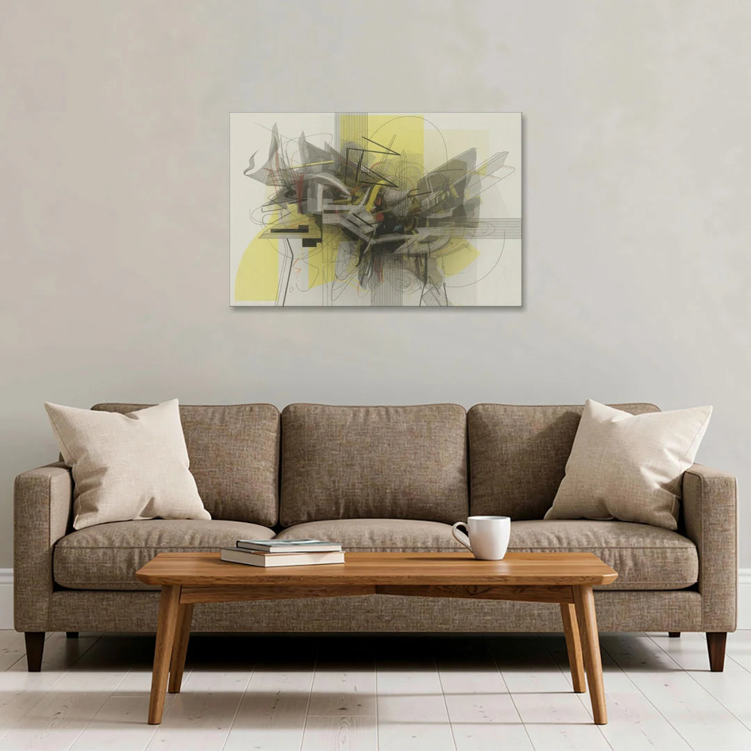 Intricate Layered Dance Yellow and Grey Abstract - Canvas Wall Art - Sofa - 36x24