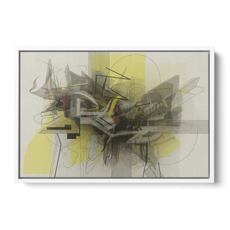 Intricate Layered Dance Yellow and Grey Abstract Front - White Canvas Wall Art