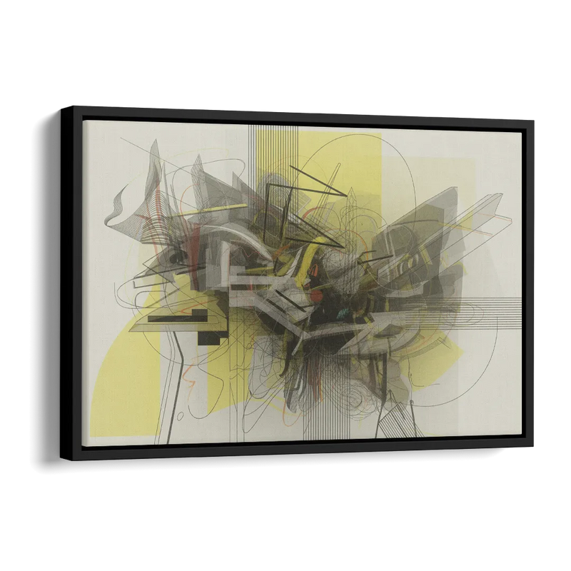 Intricate Layered Dance Yellow and Grey Abstract Side - Black Canvas Wall Art