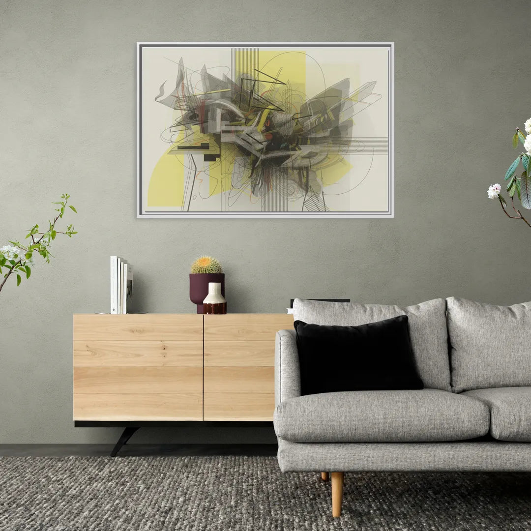 Intricate Layered Dance Yellow and Grey Abstract - Living Room White Frame Canvas