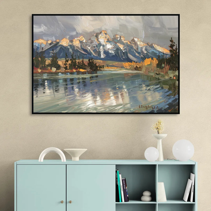 Jackson Hole River Reflection Sitting Room - Black Canvas Wall Art