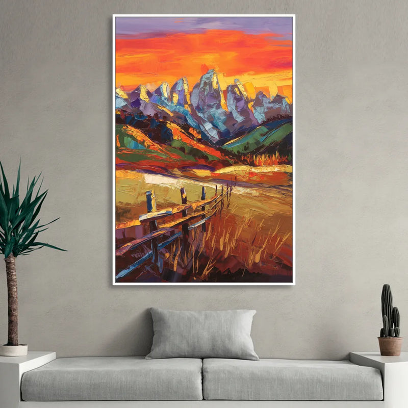 Jackson Hole Sunset Glow Living Room - White Canvas Wall Art