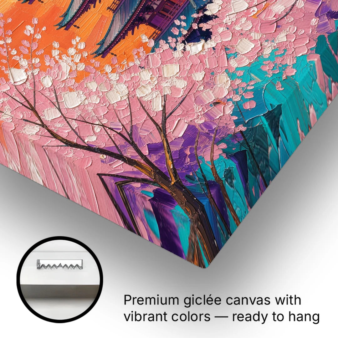 Japanese Cherry Blossom Painting with Pagoda at Sunset - Canvas Wall Art - Gallery Wrap Corner