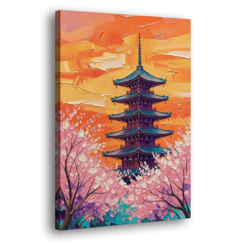 Japanese Cherry Blossom Painting with Pagoda at Sunset - Canvas Wall Art