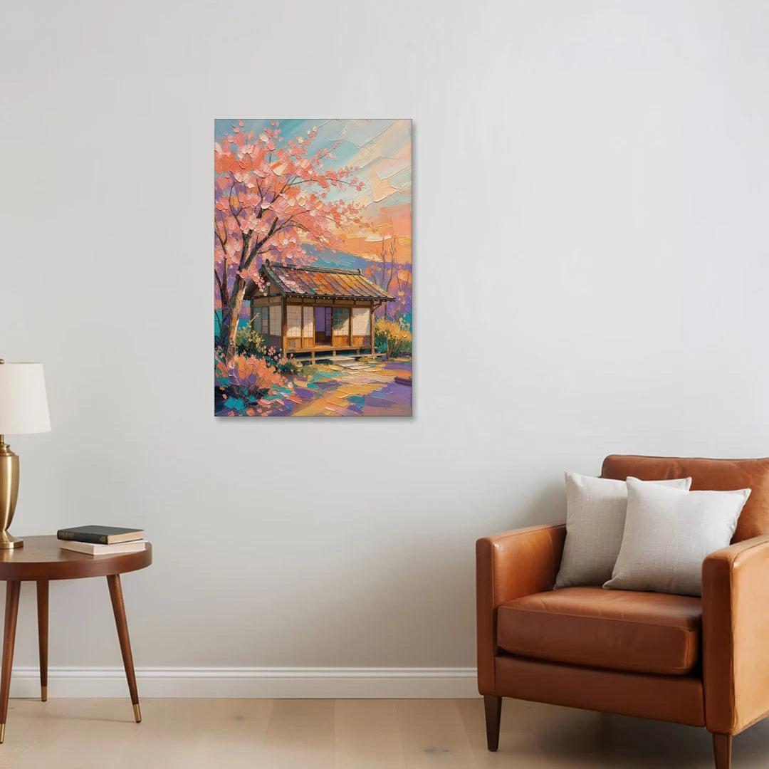 Japanese Teahouse Under Cherry Blossom - Canvas Wall Art - Sofa - 24x36