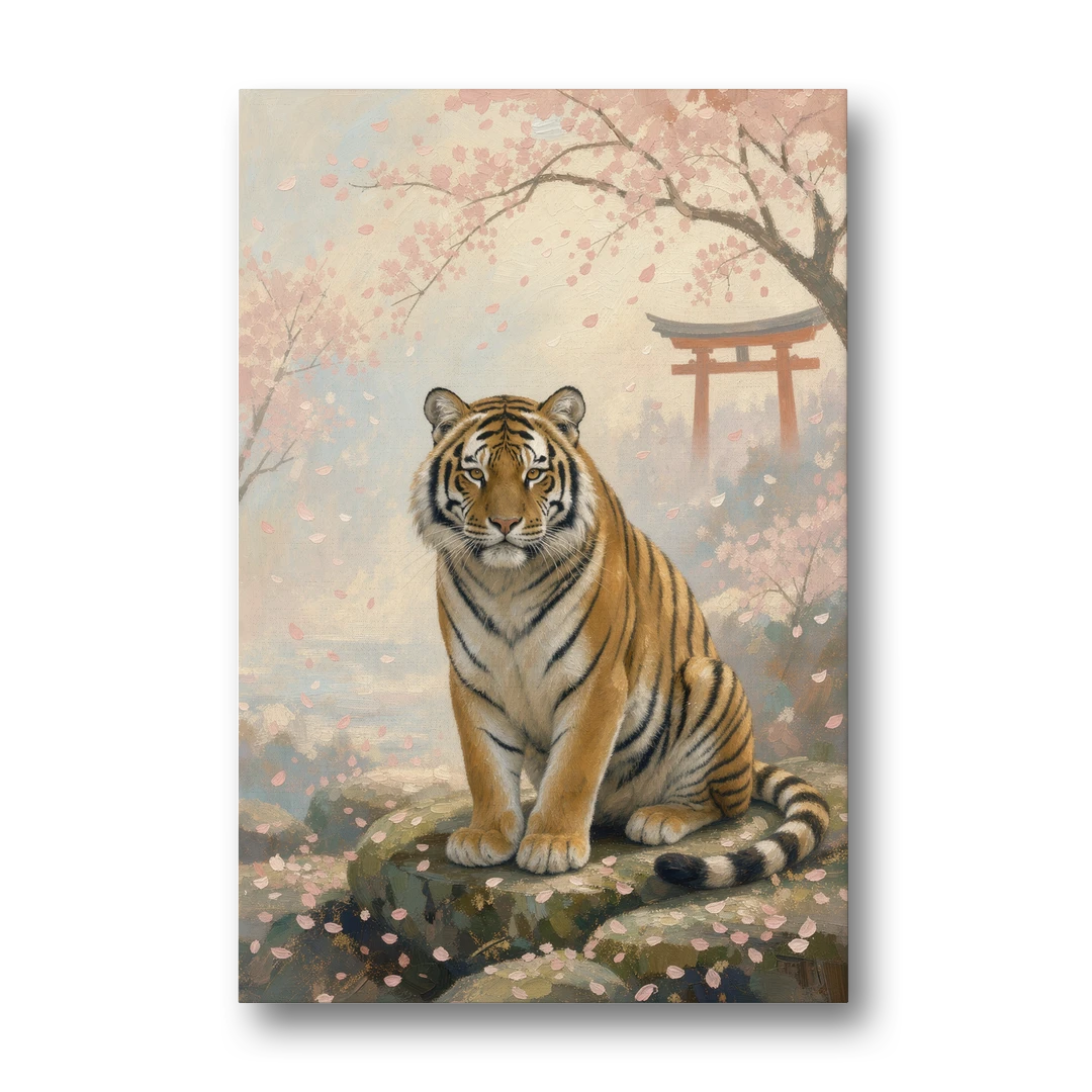 Japanese Tiger Art Beneath Cherry Blossoms - Canvas Wall Art - Front