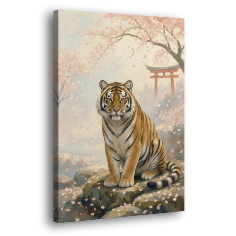 Zen Garden Japanese Tiger Art Beneath Cherry Blossoms - Canvas Wall Art