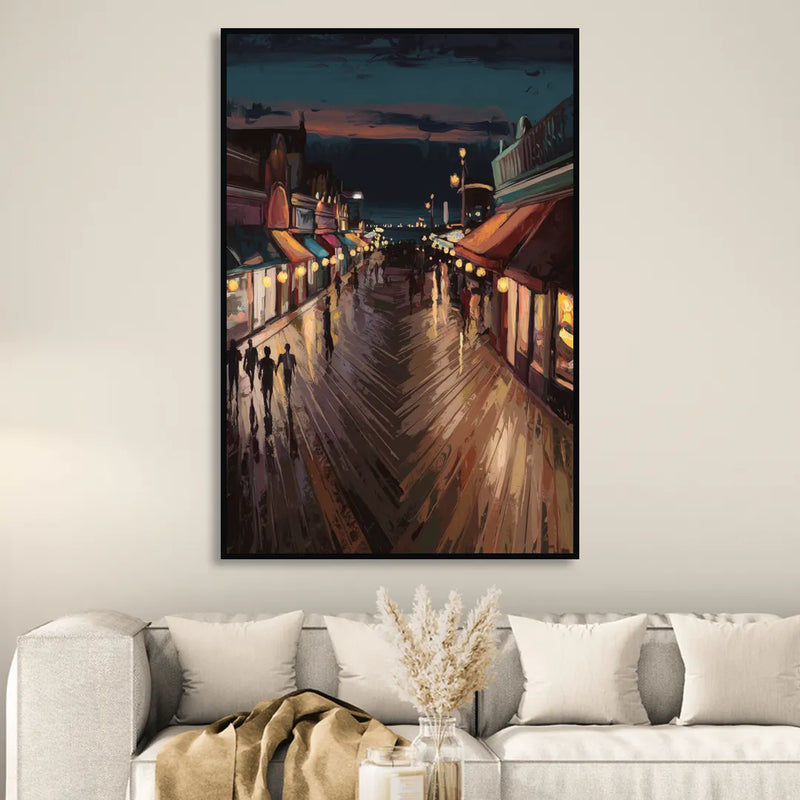 Jersey City Boardwalk Scene Sitting Room - Black Canvas Wall Art
