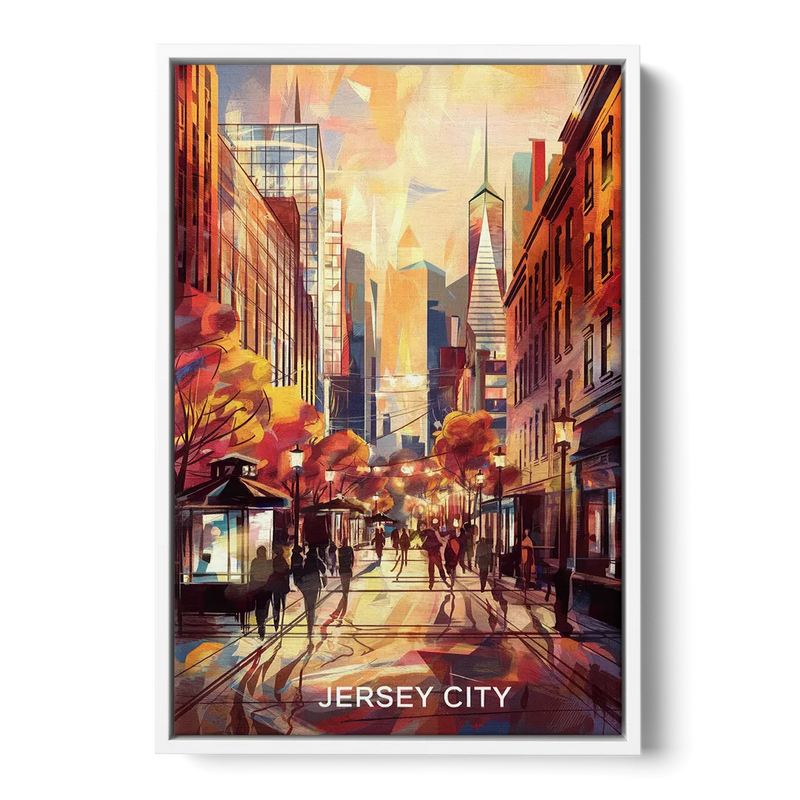 Jersey City Downtown Streetscape Front - White Canvas Wall Art