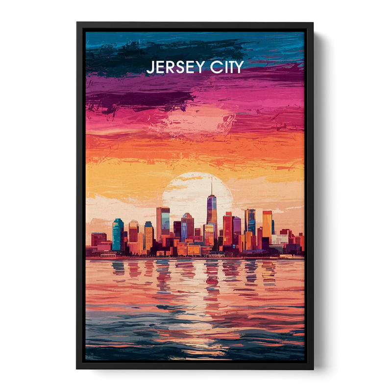 Jersey City Skyline Sunset Front - Black Canvas Wall Art