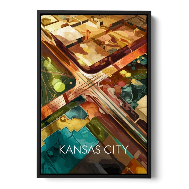 Kansas City Aerial View Front - Black Canvas Wall Art