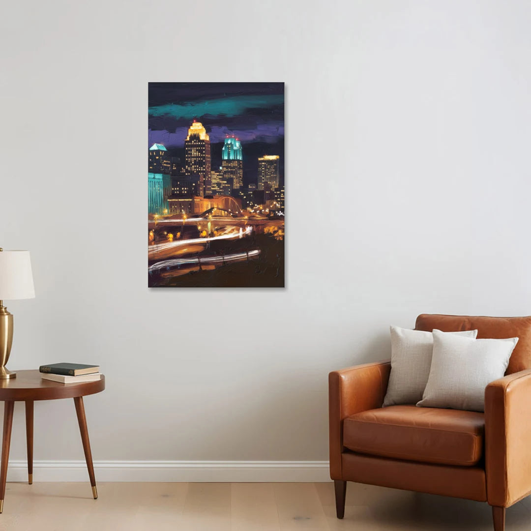 Kansas City Nighttime Skyline - Canvas Wall Art - Sofa - 24x36