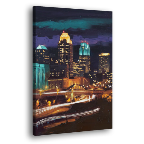 Kansas City Nighttime Skyline - Canvas Wall Art