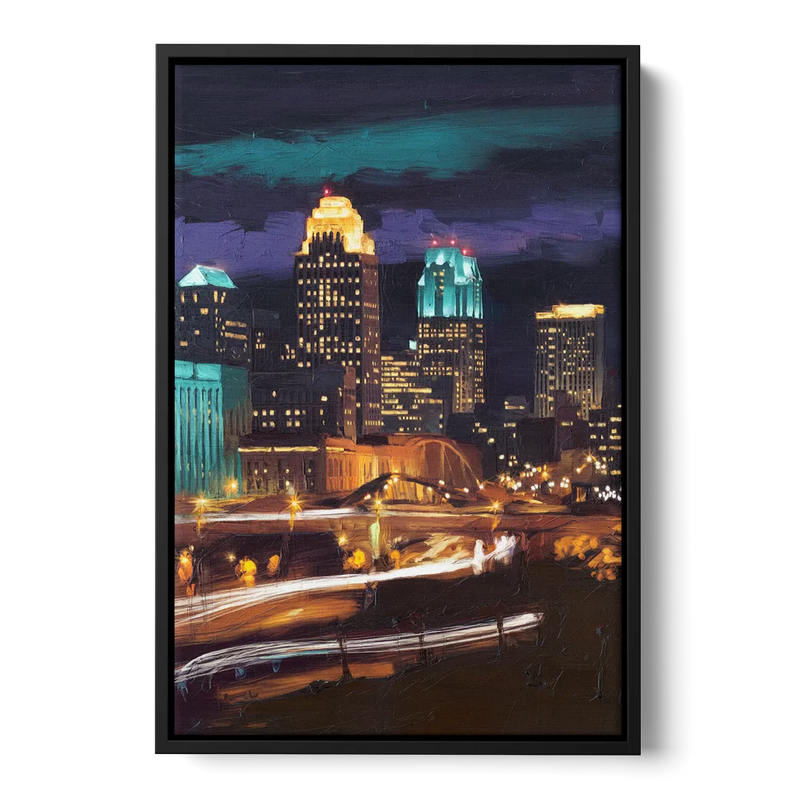 Kansas City Nighttime Skyline Front - Black Canvas Wall Art