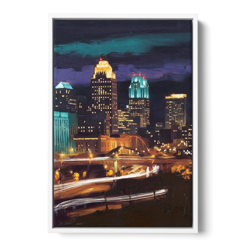 Kansas City Nighttime Skyline Front - White Canvas Wall Art