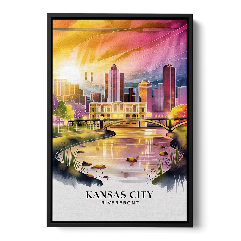 Kansas City Scenic Riverfront Front - Black Canvas Wall Art