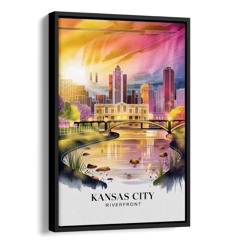 Kansas City Scenic Riverfront Side - Black Canvas Wall Art