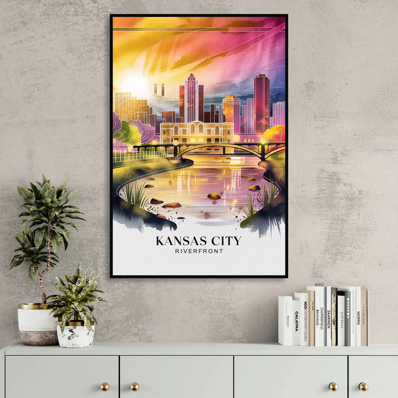 Kansas City Scenic Riverfront Sitting Room - Black Canvas Wall Art