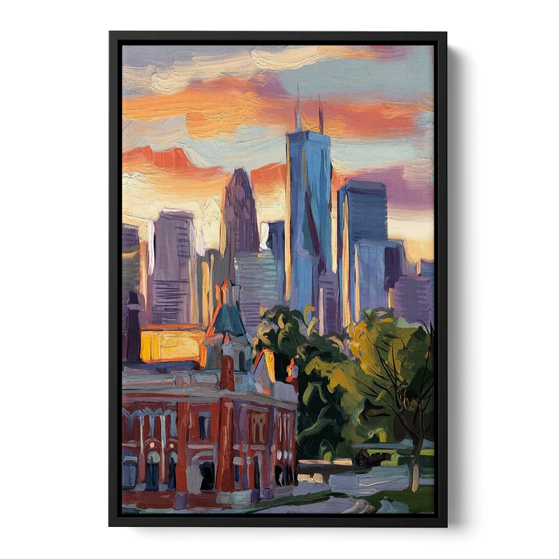 Kansas City Skyline at Sunset Front - Black Canvas Wall Art