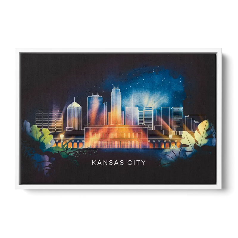 Kansas City Vibrant Downtown Front - White Canvas Wall Art