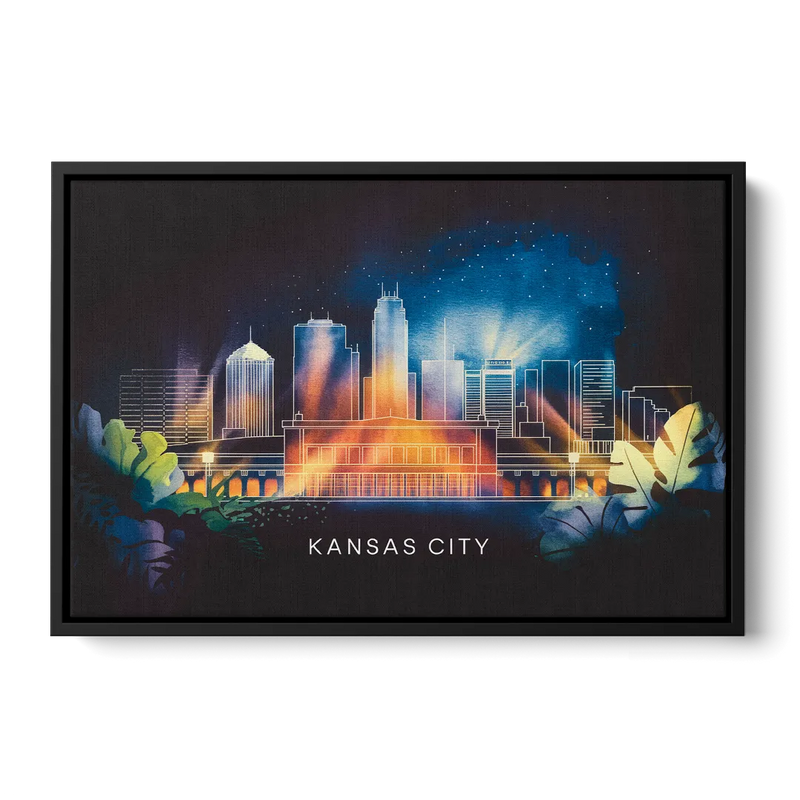 Kansas City Vibrant Downtown Front - Black Canvas Wall Art
