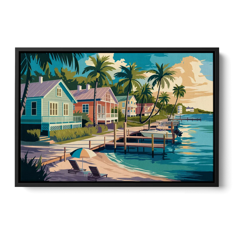 Key West Florida Coastline Front - Black Canvas Wall Art
