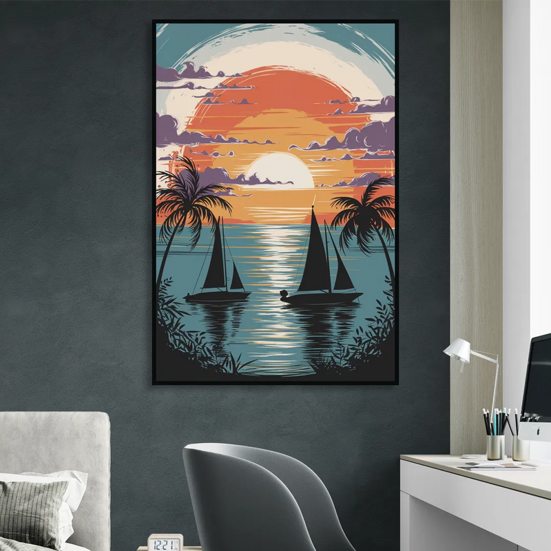 Key West Sunset Over Water Sitting Room - Black Canvas Wall Art